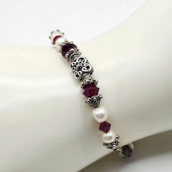 Y2K Vintage 925 Women's Bracelet 6.25"Minimalist Classic Genuine Pearl Ruby Bead - Picture 8 of 8